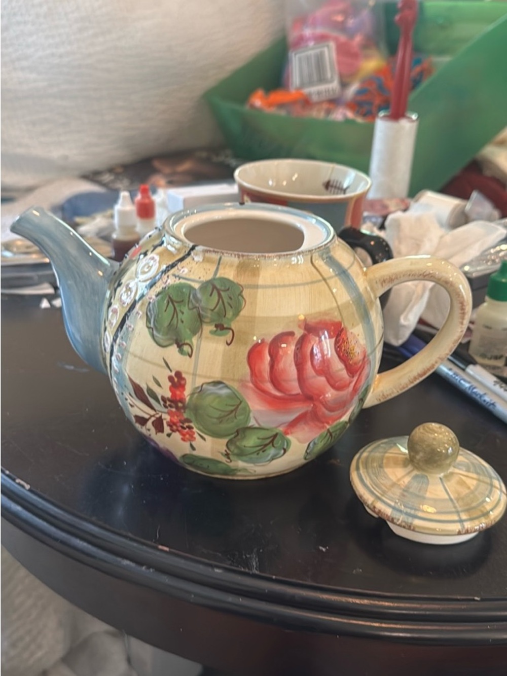 Hand-Painted Floral Ceramic Teapot - Red & Green